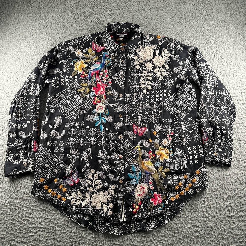 Johnny Was Workshop Senia Shirt Womens S Floral Paisley Embroidered Oversized